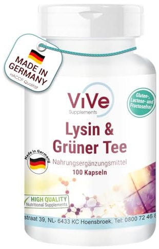 L-Lysin & Grüner Tee Extrakt - 100 vegane Kapseln, 400mg / 200 mg, Polyphenole und EGCG, Großpackung für 100 Tage | Qualität aus Deutschland von ViVe Supplements