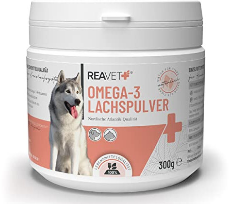 ReaVET Lachsöl Pulver Hunde & Katzen 300g Lachspulver I Omega 3 & 6 Barf Zusatz Hund I Alternative zu Lachsöl I Futterzusatz für Gelenke & Fellpflege, Lachsmehl