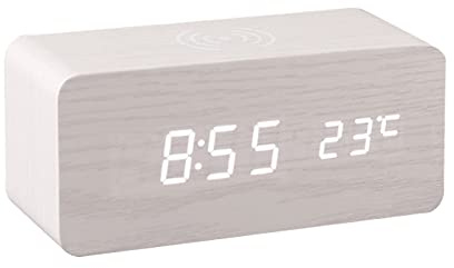 Benkeg Digital Wooden Alarm Clock Electronic LED Time Display for Bedroom 10W Wireless Charging 3 Alarm Settings Date&Temp Display, White