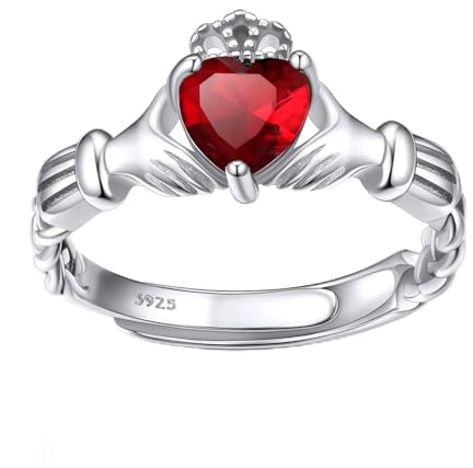 Bestyle Silver Love Heart Cut Red Gemstone Birthstone Ring Shiny Cubic Zirconia Celtic Claddagh Band Rings, Brilliant Created July Ruby CZ Birthstone Rings for Women Girls, Promise/Statement Ring