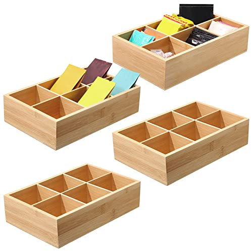 Maitys 4 Pieces Bamboo Divided Storage Container with 6 Compartments Wooden Tea Drawer Box Wood Food Storage Bin Bamboo Pantry Bin Wooden Holder Case for Tea Bags Coffee Snacks Sugar