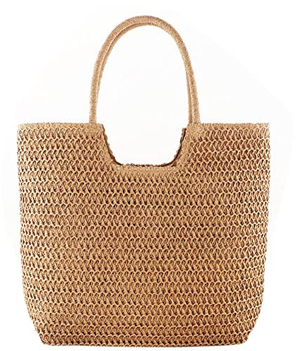 GSenhui Stroh Handtasche Damen, Sommer Strandtasche Stroh Groß mit Reißverschluss, Korbtaschen Damen Strohtasche mit Leder Schultergurt, Gewebte Umhängetasche für Reise Strand