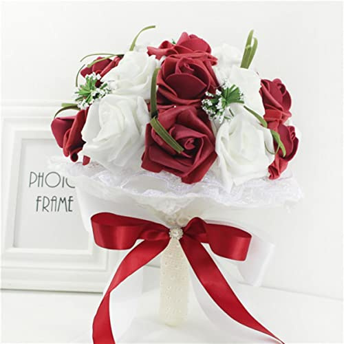 MUNACRAFT PE Rose Damigella d'onore Matrimonio Schiuma fiori Rosa rossa Bouquet da sposa Nastro Bouquet da sposa finto Vento bianco personalizzato rosso