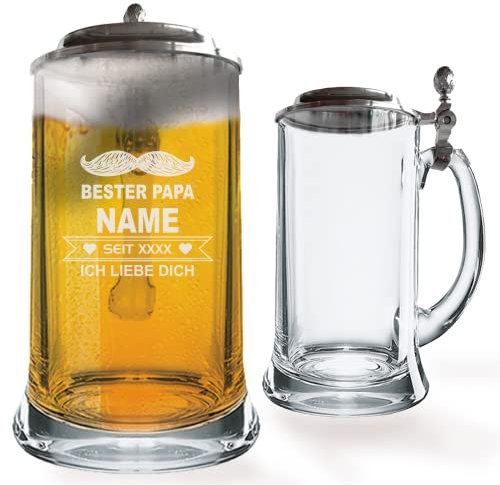 GRAVURMACHER® Bierkrug mit Zinndeckel und Gravur - Geburtstagsgeschenk zum Vatertag (Vatertag Motiv 04)