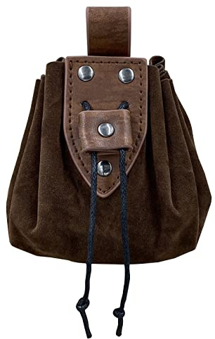 HiiFeuer Vintage medeltida fodral i konstläder med dragsko, Bärbar myntväska från medeltiden,Nitar Bälte Påse Tärning Väska För LARP Ren Faire(Brun A)