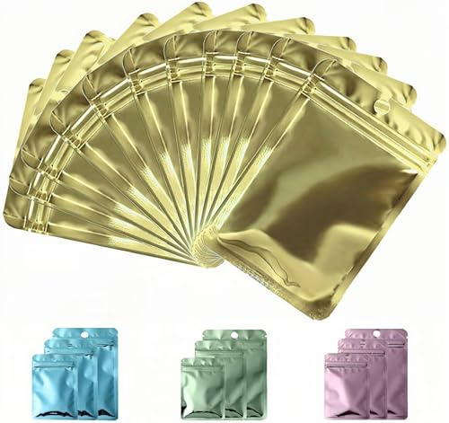 Rimiko 100 Sachets Zip Aluminium Refermable, Pochons Zip Alimentaire avec Fenêtre Transparente, Sac Mylar Hermétique pour Vente au Détail et Stockage des Objets (Jaune Métallisée, 10,5x15cm)