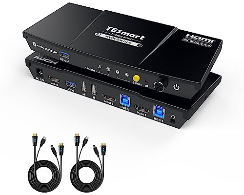 TESmart USB 3.0 HDMI KVM Switch 2 PC 1 Monitor, Conmutador 4K@60Hz con Emulador EDID, Hotkey, Extractor de Audio, USB 3.0 para Impresora y Escáner, Switch 2 en 1 Out, Incluye 2 Cables KVM
