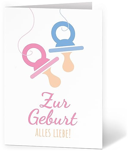 XXL Glückwunschkarte Zwillinge Junge und Mädchen Schnuller (A4) zur Geburt hochwertige Klappkarte | Große Design Maxi Karte Grußkarte Glückwunsch mit Umschlag Zwilling