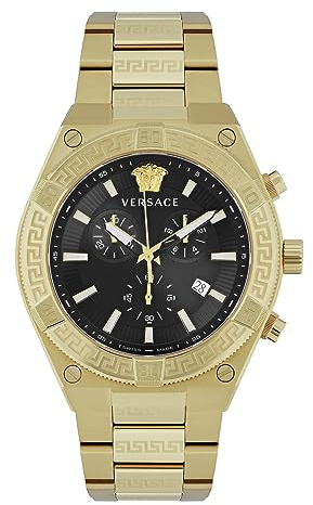 Versace V-Sporty Greca Collection Luxus-Herrenuhr mit einem goldenen Armband mit goldenem Gehäuse und schwarzem Zifferblatt, Gold, OS, V-Sporty Greca