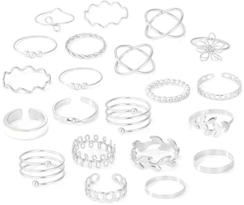 Hifot 22 Stück Offene Knuckle Ringe Set für Frauen Mädchen Vintage Silber Ringe Punk Stapelbare Midi Ringe Perle Helix Blumen Boho Fingerringe für Geburtstagsfeiern Abschlussbälle
