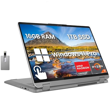 Lenovo IdeaPad Flex 5 Laptop 2 en 1, pantalla táctil WUXGA de 16 pulgadas, AMD Ryzen 7 7730U, 16 GB de RAM, SSD de 1 TB, gráficos AMD Radeon, lector de huellas dactilares, Wi-Fi 6, Win 11 Pro, gris