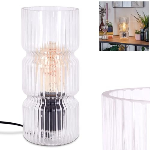 Tischleuchte Penteado, Tischlampe aus Metall/Glas in Schwarz/Klar, Leuchte im modernen Vintage/Retro-Design mit Schirm aus Glas (Ø 10,5cm) u. An/-Auschalter am Kabel, 1 x E27, ohne Leuchtmittel