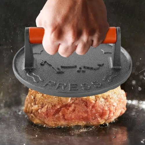 Cast Iron Bacon Press With Wood Handle, 7Inch Diameter Grill Press Burger Press, Meat Press Cast Iron Gril, Round Barbecue Grill Burger Presser
