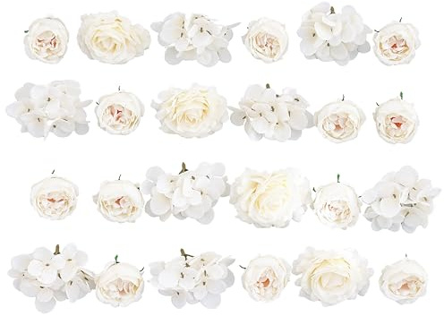 DABAOOU 24Pcs White Artificial Flower Heads Peony Rose with Stems | Fake Flower, Silk Faux Flowers, Craft Peony Rose, DIY Table Flowers Decoration, Wedding Cake Decorations, Hair Home Decor