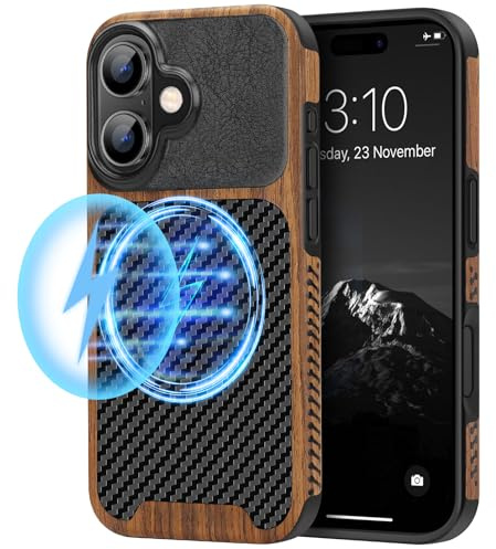 TENDLIN Magnetische Hülle Kompatibel mit iPhone 16 Hülle (Schwarz) | Holz und Carbon Textur Design Leder Hybrid Handyhülle (Kompatibel mit MagSafe)