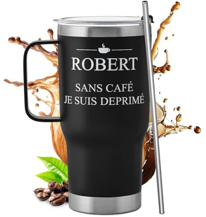 Maverton Mug Isotherme Personnalisé Noir 600 ml en Inox | Avec Paille Brosse de Nettoyage et Boîte, Chaud 6h/Froid 10h, Cadeau Anniversaire Homme Femme Couple, Mariage, Noel