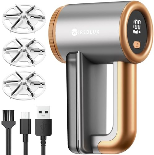 Elektrisk luddborttagare WiredLux – uppladdningsbar tygrakapparat hårborttagare för kläder och möbler – justerbar 3-växlad, 6-bladsblad, USB-laddning, debobbler med dubbelt skydd (mineralkoppar)