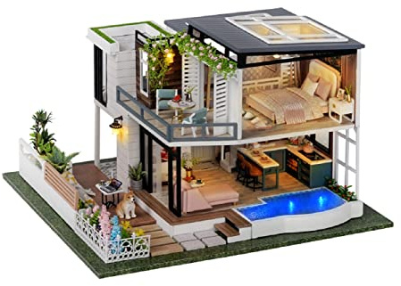 Genérico Kit De Casa De Muñecas En Miniatura DIY con Piscina De Madera Juego De Juguetes De Rompecabezas 3D Maquetas De Casas