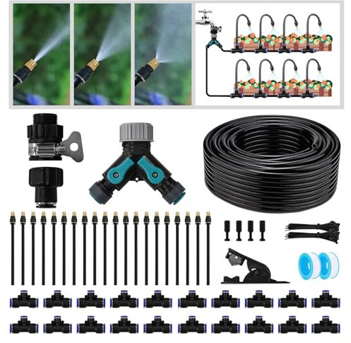 Drip Irrigation Kit - 100 FT. Hose Sprinkler System with 360° nozzles and T-connectors for Gardens, lawns, Plants, Flower beds, Trees, patios and hydroponics (Closeable nozzle-20)