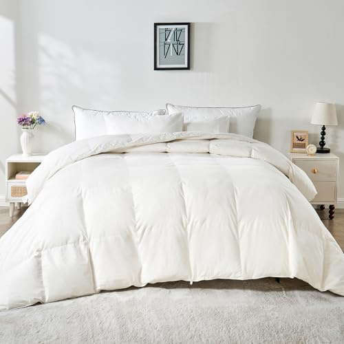 KUSNUG 100% Organic Cotton Feather & Down Fibers Comforter Oversized King Size, All-Season Hotel-Style Hypoallergenic Duvet Insert, Ivory White 120x98 Inch