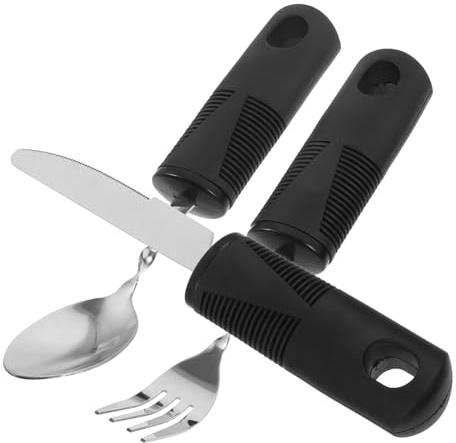 TOPBATHY Utensilios Adaptables Antivibración 3 Piezas Juego Cuchara Tenedor Cuchillo Acero Inoxidable Mango Antideslizante Negro Grande Plegable Uso Doméstico y Exterior para Adultos