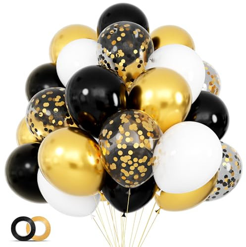 68Pcs Black White Gold Balloons with 12 Inch Black Gold Confetti Balloons for Graduation Birthday Wedding Party Decorations