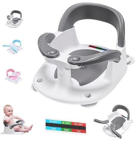 babove Baby Bath seat for Babies 6 Months & up with Thermometer Sticker, one-Touch Button for Easy armrest Opening, Baby sit up Bath Chair (Gray)