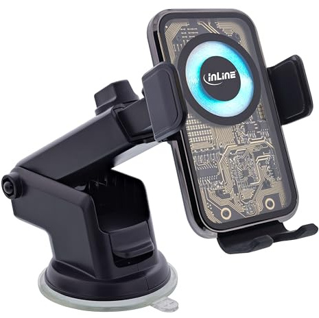 InLine ONE Touch QI 2 Handyhalterung Auto – Smartphone Halterung mit Wireless Charging bis 15 W, automatische Sensorsteuerung, USB-C, Lüftung & Saugnapf, 23156Q
