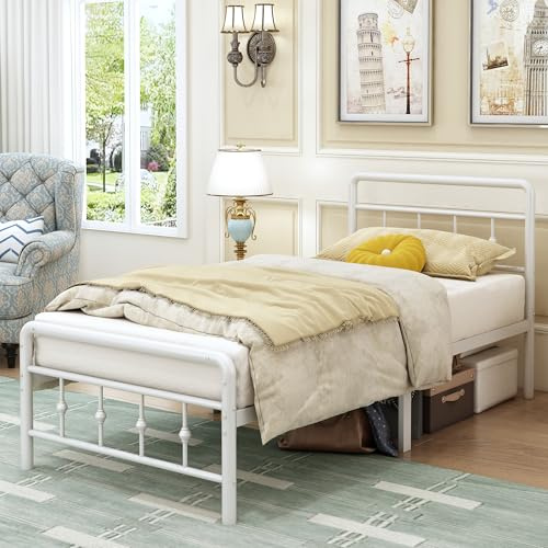 EMODA Bettgestell 90 x 200 cm, Metallbett Einzelbett mit Kopfteil und Fußteil im viktorianischen Stil, 36 cm hoch mit Stahl-Lattenrost, Geräuschfrei, Einfache Montage, Weiß | Lattenrost aus Metall, 36 cm Abstand unter dem Bett, Einfache Montage, Geräuschlos, Viktorianischer Vintage-Stil, Weiß