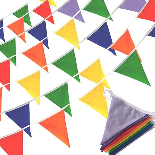 Quirki Fabric Bunting Rainbow Multicolour Banner Garland 40ft Cotton Triangle Flags for Indoor Outdoor Garden BBQ Birthday Party Decorations (Rainbow)