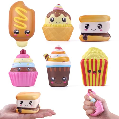 Anboor 6 stycken livsmedel Slow Rise Squishies leksaker, Smore EIS tårta pommes hotdog långsam återfjädrande klämfidget leksaker stressminskning för barn ungdomar vuxna
