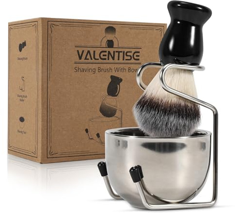 VALENTISE Set di pennelli da barba 3 in 1 con supporto in acciaio inox e ciotola, setole sintetiche di tasso per rasatura da uomo, idea regalo
