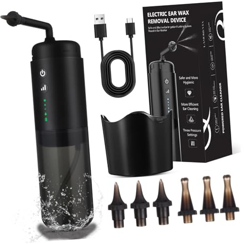 SAFIGLE Kit Per La Rimozione Del Cerume Elettrico Irrigatore Auricolare Regolabile, Ugelli Di Ricambio e Serbatoio Capiente Per Pulizia Delicata Delle Orecchie Umane