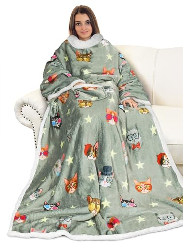 Catalonia Classy Decke mit Ärmeln als Geschenk für Frauen Herren, Flauschig Sherpa Kuscheldecke mit Ärmel, Cozy Ärmeldecke Warm Decke zum Anziehen Erwachsene, 185 x 140 cm Katze Hund Grau