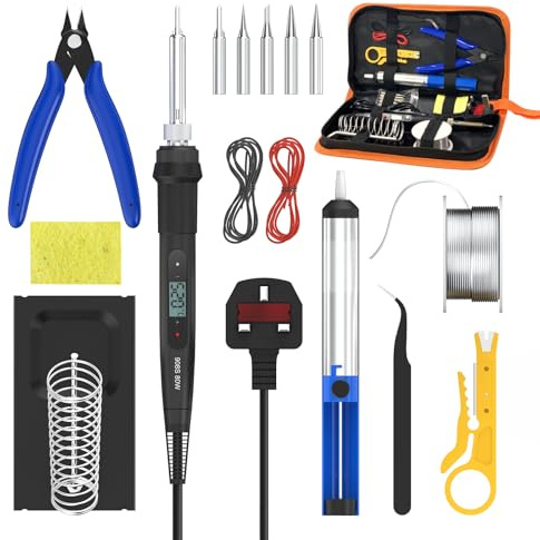 80W 15-in-1 Soldering Iron Kit, LCD Adjustable Temperature 180-520°C, Electric Soldering Iron Kit Welding Tool with 5 Soldering Tips, Desoldering Pump, Tin Wire Tube, Stand, Tweezers-Black
