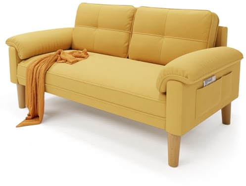 Xbro Divano a 2 Posti con Braccioli e Tasche Laterali, Piccolo Divano in Tessuto per Soggiorno, Appartamento, Ufficio, Facile da Montare, 145 x 77 x 77 cm,Giallo