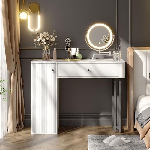 NuvlaGu Tocador blanco con espejo LED – 3 temperaturas de color regulable, 1 cajón & 1 puerta (9 compartimentos), tablero de partículas de 100 x 116 x 40 cm, protección antivuelco