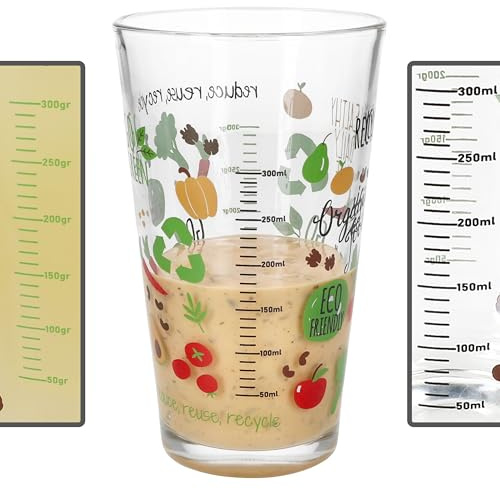 MamboCat Trinkglas Organic Gemüse I 0,3L I Messbecher mit Skala in Milliliter & Gramm I buntes Gemüse-Dekor I Messbecher & Trinkglas I Backen & Kochen