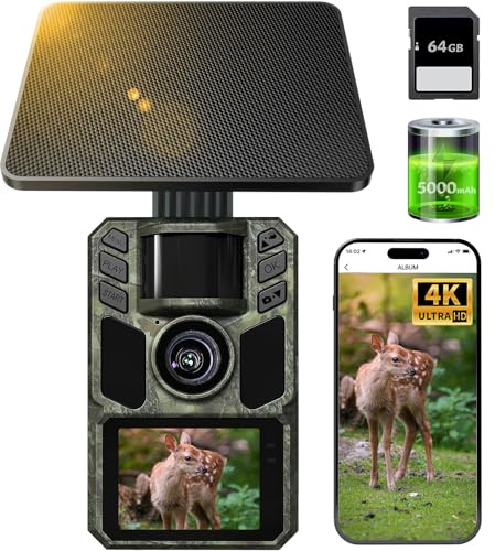 FKPCAM 4K HD Video 64MP Wildkamera Solar WLAN mit Handyübertragung App,Eingebaute 5000mAh Lithium-Batterie, Wildkamera Nachtsicht, 0.1s Auslöser Bewegungsaktiviert, IP67 Wasserdicht 130° Weitwinkel