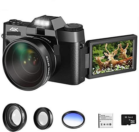 Macchina fotografica digitale, Videocamera digitale grandangolare 4K Vlog Videocamera for Webcam Obiettivo macro Zoom 16X 48MP Registratore selfie Flip Screen(Standard,With Lens Filter)