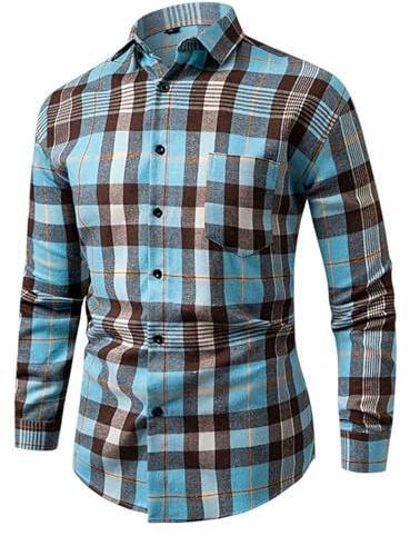 Hanraz Camicia da uomo a quadretti, vestibilità normale, per il tempo libero, casual, con bottoni, colletto alto, a maniche lunghe, a quadri, non necessita di stiratura, A06 azzurro, L