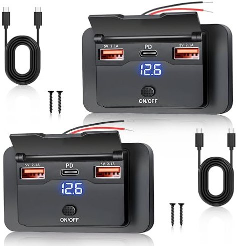 SRunDe 2 Piezas 51W Panel USB 12v Camper USB C 36W Dual USB 5V 2,1A 10.5W | 3 Puertos Toma USB 12v Visualización de Voltaje Cargador Coche Empotrable Interruptor para Autocaravana Auto Camión Barcos
