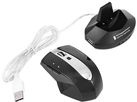 Souris optique sans fil rechargeable 2,4 GHz avec station de chargement et hub USB 3 ports Noir