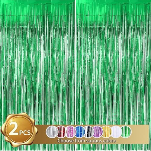 2er Pack Folienfransen Vorhang, grüne Lametta Metallic Vorhänge Foto Hintergrund für Hochzeit Verlobung Brautdusche Geburtstag Bachelorette Party Weihnachten Bühnendekor (3,28 ft x 6,56 ft)