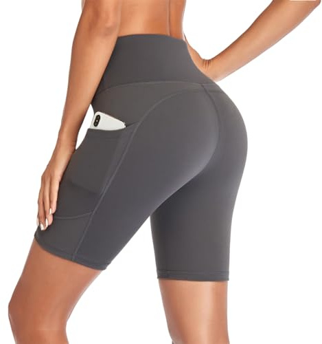 GIMDUMASA Pantaloncini Sportivi Donna Calzamaglia Pantaloni da Yoga A Vita Alta Leggins Shorts con Tasche Laterali Corsa Allenamento Palestra Running Ciclismo Fitness Corti GI317(Grigio,XS)