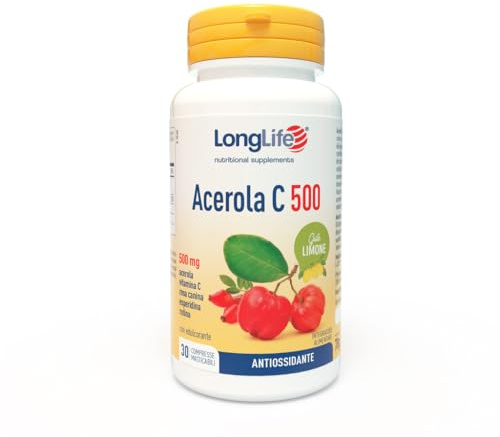 LongLife® Acerola C 500 | Integratore masticabile con acerola, vitamina C, rosa canina, esperidina e rutina | Difese immunitarie e antiossidante | 30 compresse | Gusto limone | Vegano e senza glutine
