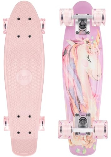 KMX Skateboard 22 tum, Klassisk Cruiser-skateboard för nybörjare, Minicruiser för pojkar och flickor, Liten Pennybräda för barn med LED-lysande hjul (Söt rosa enhörning)