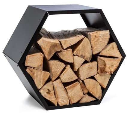 blumfeldt Firebowl Hexawood - Compartimento para leña, para Interiores y Exteriores, En Forma de hexágono, Resistente Intemperie, Estructura de Acero, 50,2 x 58 x 32 cm, Negro