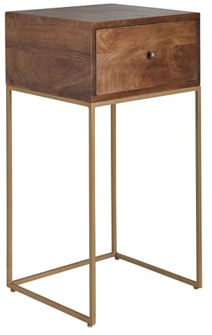 FineBuy Nachttisch 40x35x75,5 cm Mango Massivholz, Goldgestell | Nachtkonsole mit Schublade für Boxspringbett, Nachtkästchen aus Echtholz im Natur Look, handgefertigt