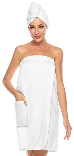 vislivin Bademantel Damen Saunakilt & Haartuch Sauna Kilt Frauen Saunakilt mit Klettverschluss und Gummizug Weiß L